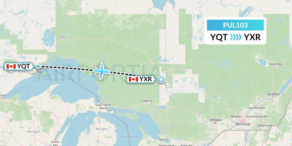 PUL103 Ornge Air Flight Map: Thunder Bay to Earlton
