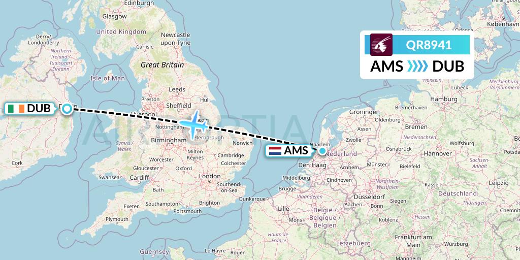 QR8941 Qatar Airways Flight Map: Amsterdam to Dublin