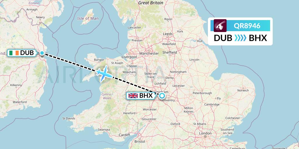 QR8946 Qatar Airways Flight Map: Dublin to Birmingham