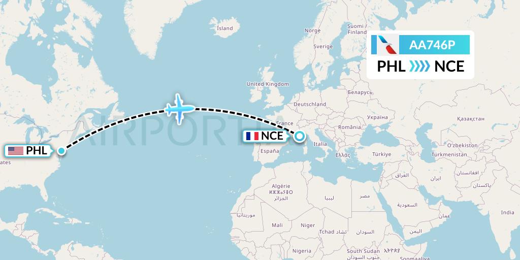 AA746P American Airlines Flight Map: Philadelphia to Nice