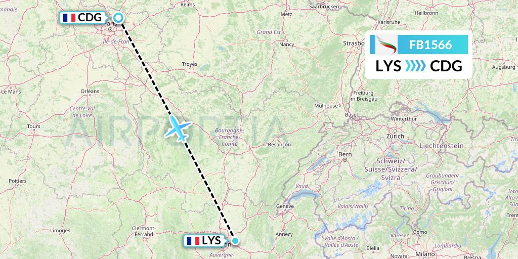 FB1566 Bulgaria Air Flight Map: Lyon to Paris