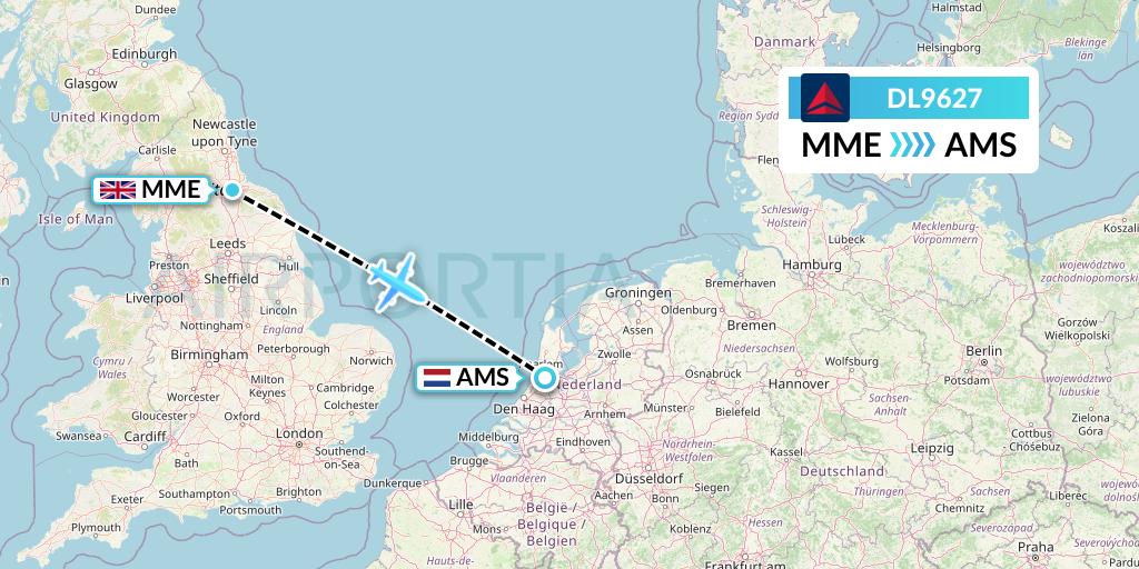 DL9627 Delta Air Lines Flight Map: Darlington to Amsterdam