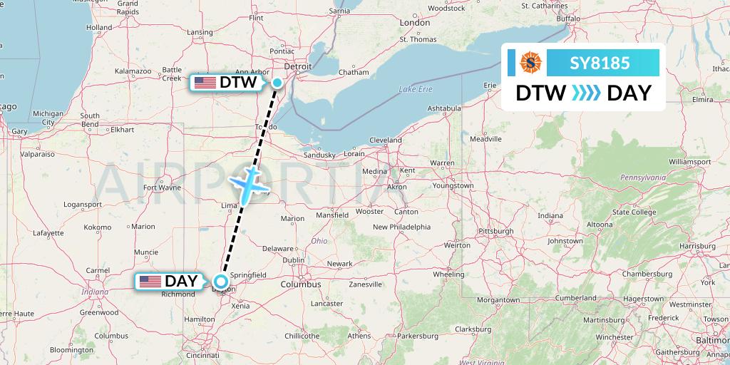 SY8185 Sun Country Airlines Flight Map: Detroit to Dayton