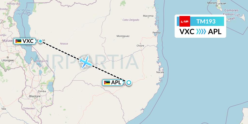 TM193 LAM Mozambique Airlines Flight Map: Lichinga to Nampula