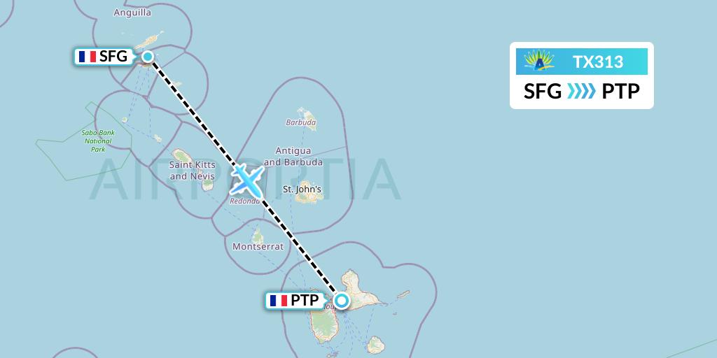 TX313 Air Caraibes Flight Map: Sint Maarten to Pointe-a-Pitre