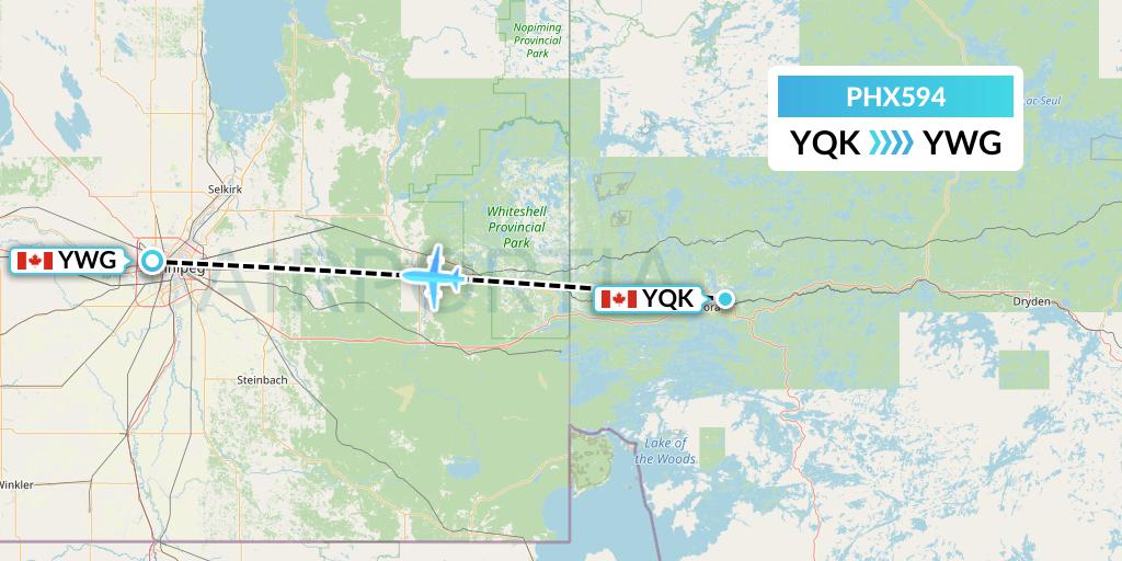 PHX594 SkyCare Flight Map: Kenora to Winnipeg