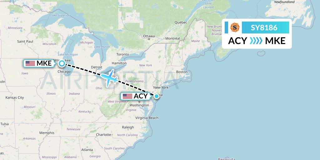 SY8186 Sun Country Airlines Flight Map: Atlantic City to Milwaukee