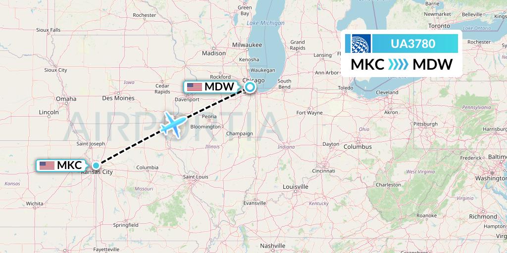 UA3780 United Airlines Flight Map: Kansas City to Chicago