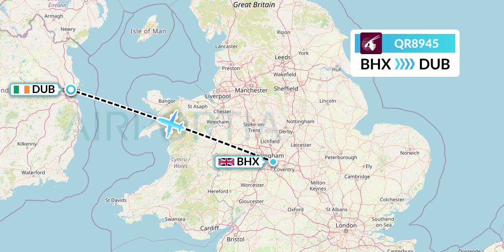 QR8945 Qatar Airways Flight Map: Birmingham to Dublin