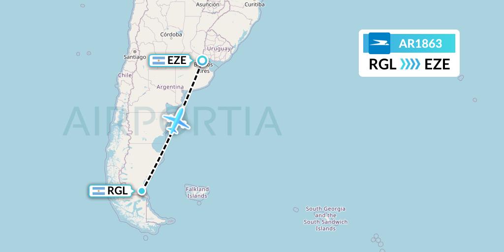AR1863 Aerolineas Argentinas Flight Map: Rio Gallegos to Buenos Aires