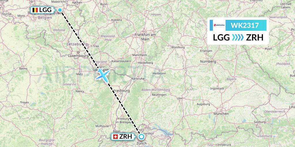 WK2317 Edelweiss Air Flight Map: Liege to Zurich