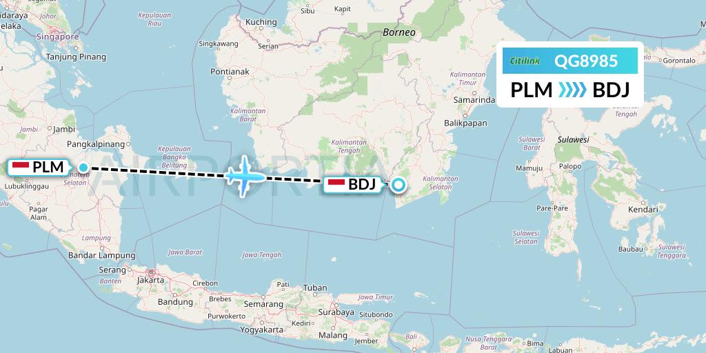 QG8985 Citilink Flight Map: Palembang to Banjarmasin