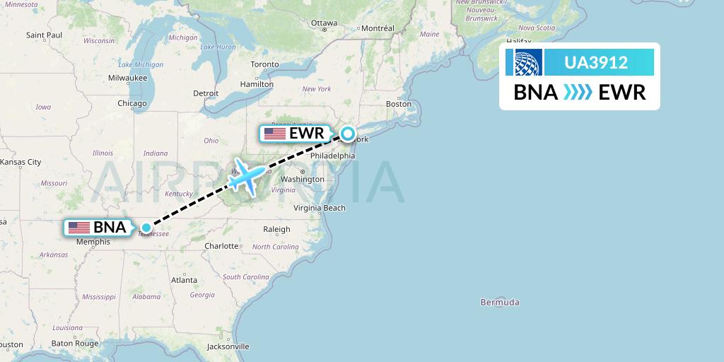 UA3912 United Airlines Flight Map: Nashville to New York