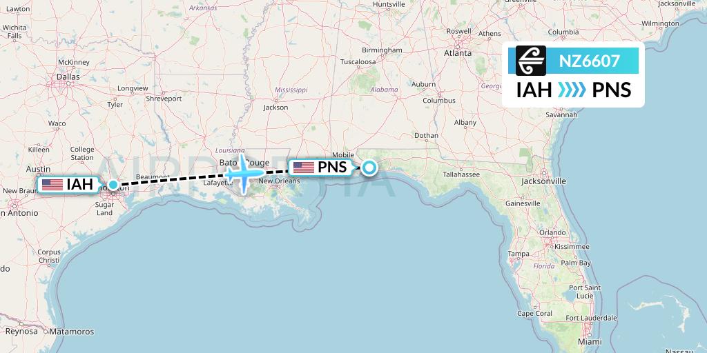 NZ6607 Air New Zealand Flight Map: Houston to Pensacola