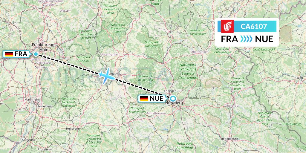 CA6107 Air China Flight Map: Frankfurt to Nurnberg