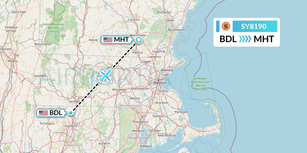SY8190 Sun Country Airlines Flight Map: Windsor Locks to Manchester
