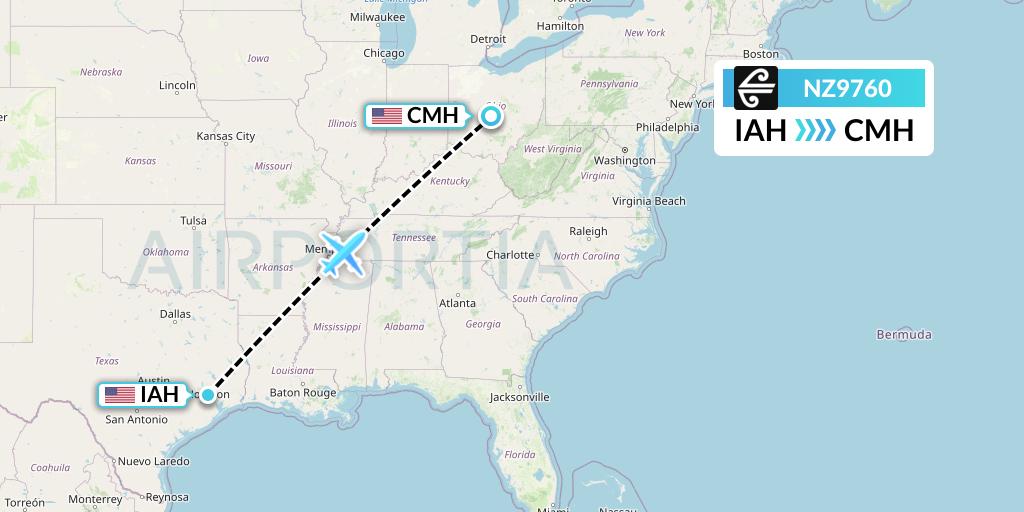 NZ9760 Air New Zealand Flight Map: Houston to Columbus