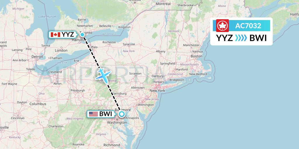 AC7032 Air Canada Flight Map: Toronto to Baltimore