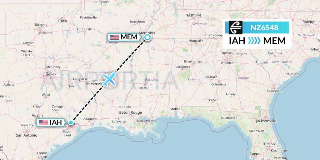 NZ6548 Air New Zealand Flight Map: Houston to Memphis