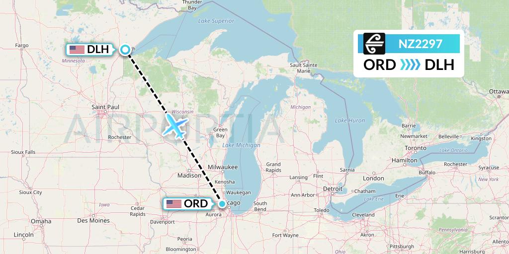 NZ2297 Air New Zealand Flight Map: Chicago to Duluth