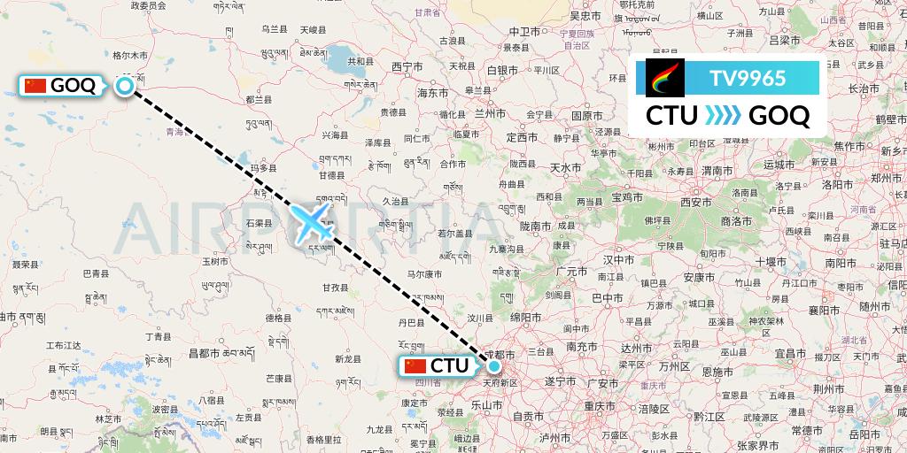 TV9965 Tibet Airlines Flight Map: Chengdu to Golmud