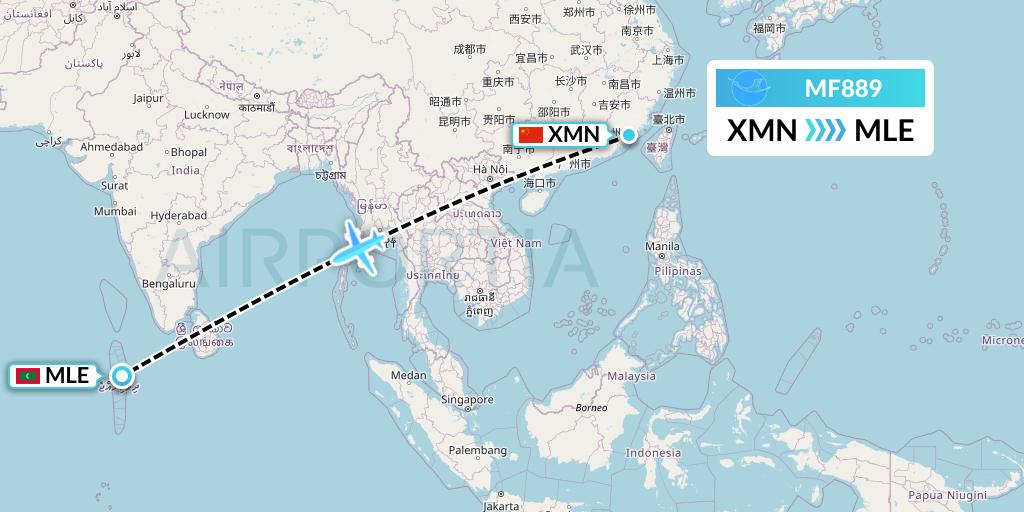 MF889 Xiamen Airlines Flight Map: Xiamen to Male
