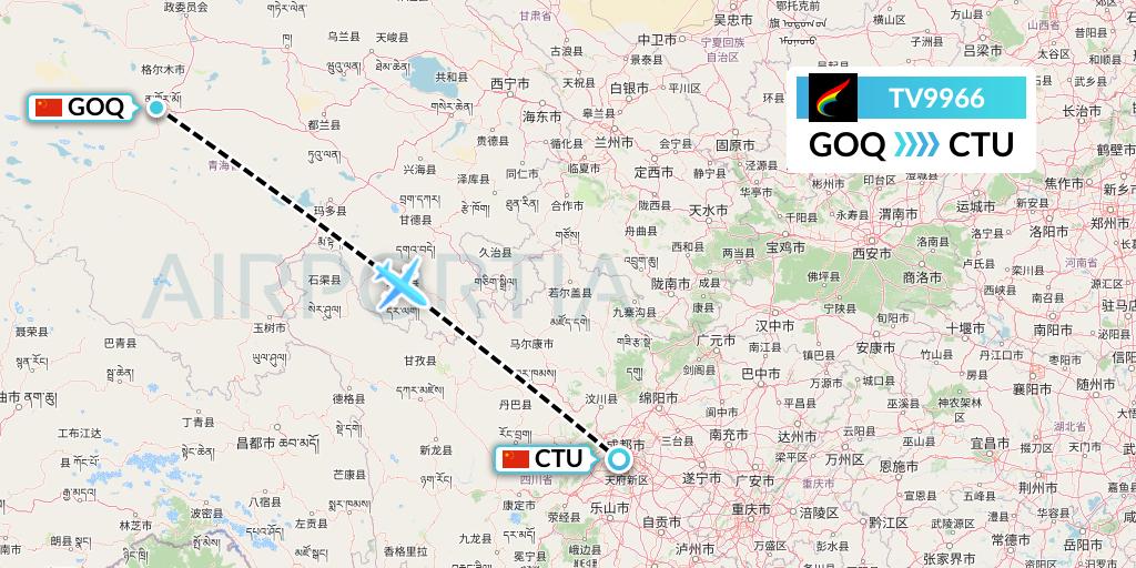 TV9966 Tibet Airlines Flight Map: Golmud to Chengdu