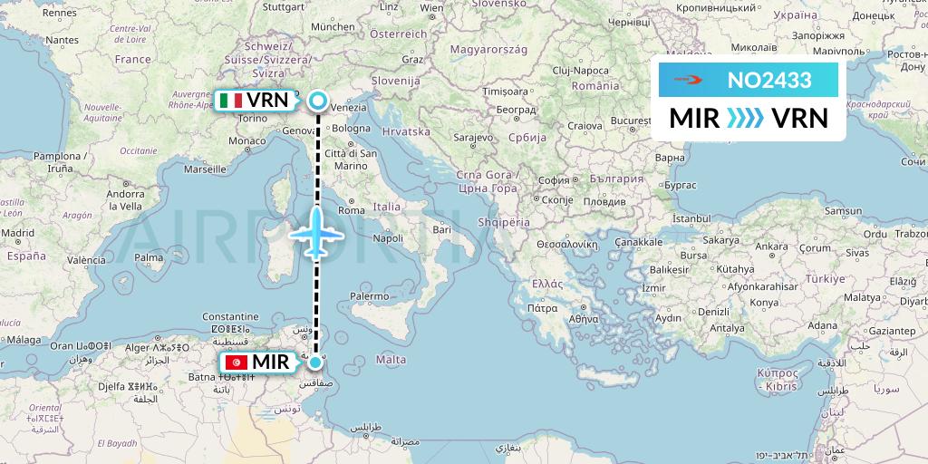 NO2433 Neos Flight Map: Monastir to Verona