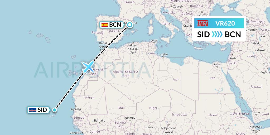 VR620 TACV Cape Verde Airlines Flight Map: Espargos to Barcelona