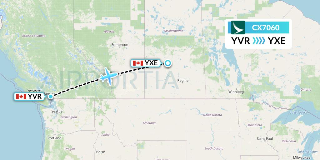 CX7060 Cathay Pacific Flight Map: Vancouver to Saskatoon