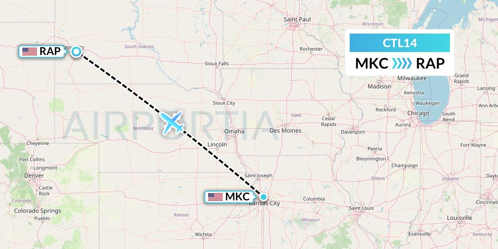 CTL14 Central Airlines Flight Map: Kansas City to Rapid City