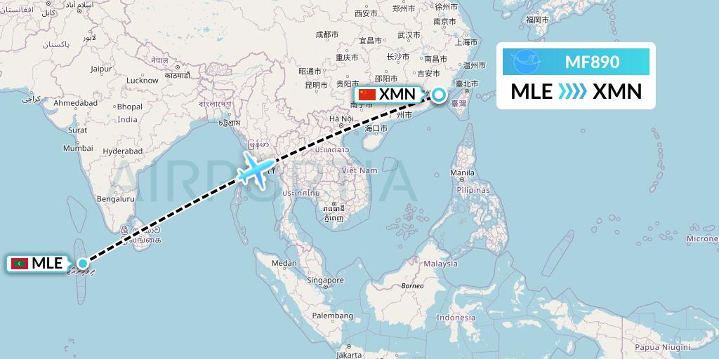 MF890 Xiamen Airlines Flight Map: Male to Xiamen