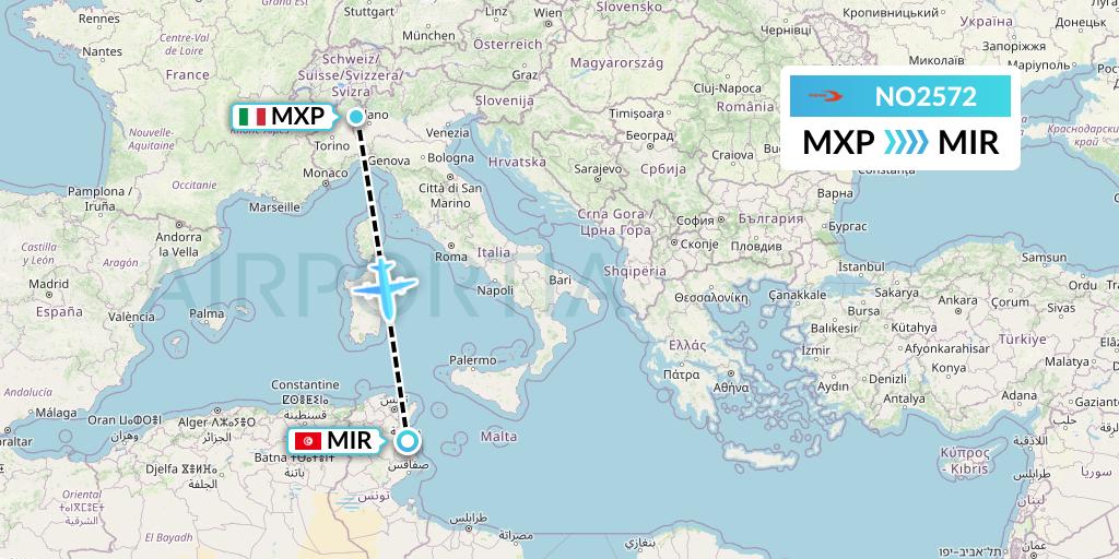 NO2572 Neos Flight Map: Milan to Monastir