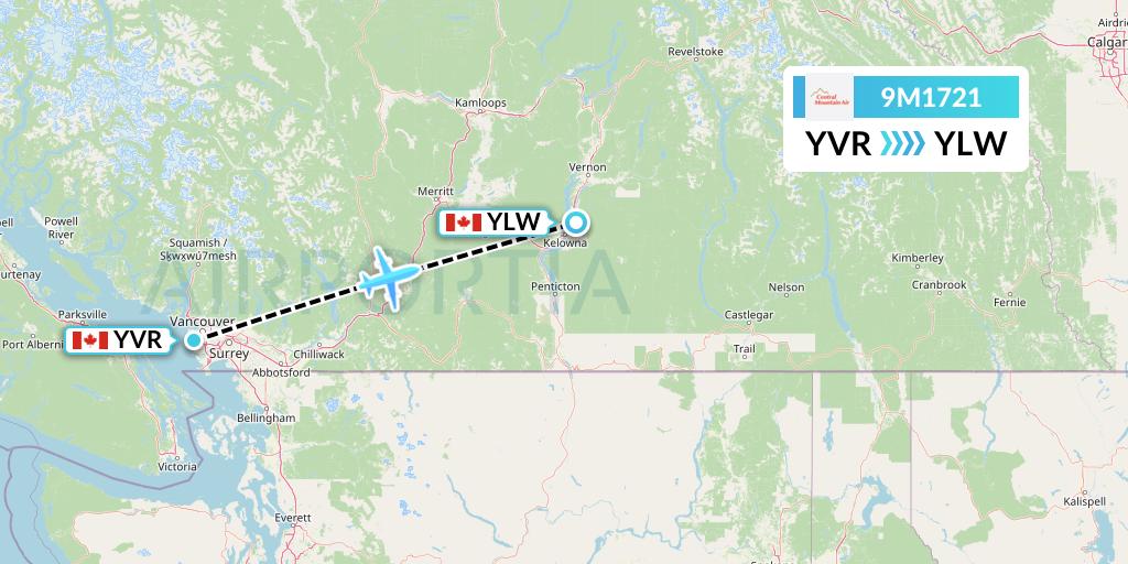9M1721 Central Mountain Air Flight Map: Vancouver to Kelowna