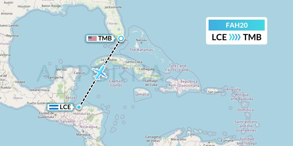 FAH20 ASL Airlines Hungary Flight Map: La Ceiba to Miami