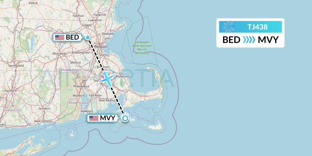 TJ438 Tradewind Aviation Flight Map: Bedford to Martha's Vineyard