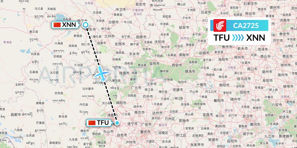 CA2725 Air China Flight Map: Chengdu to Xining
