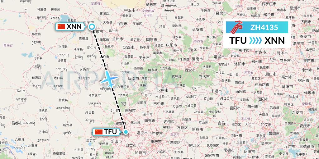 ZH4135 Shenzhen Airlines Flight Map: Chengdu to Xining