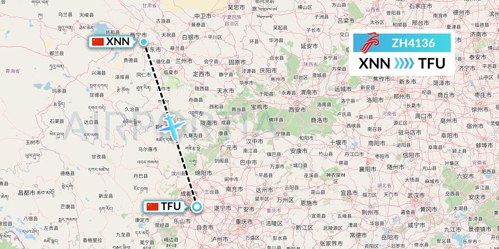 ZH4136 Shenzhen Airlines Flight Map: Xining to Chengdu
