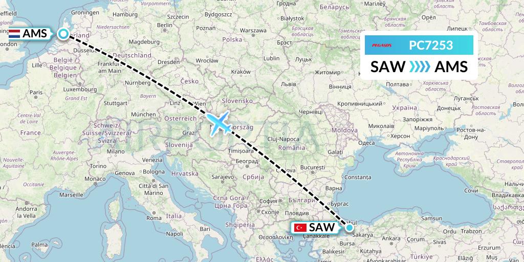 PC7253 Pegasus Airlines Flight Map: Istanbul to Amsterdam