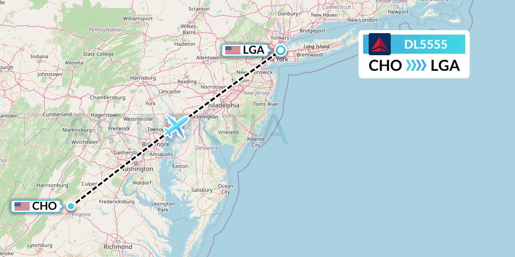 DL5555 Delta Air Lines Flight Map: Charlottesville to New York