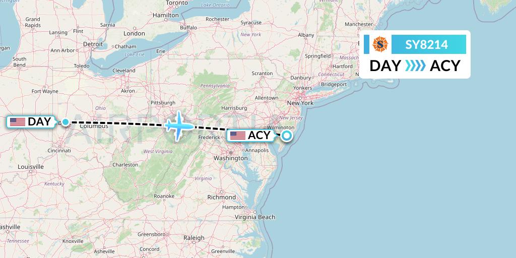SY8214 Sun Country Airlines Flight Map: Dayton to Atlantic City