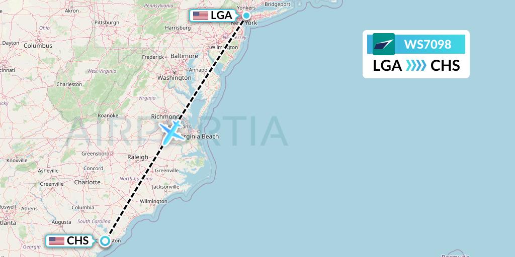 WS7098 WestJet Flight Map: New York to Charleston