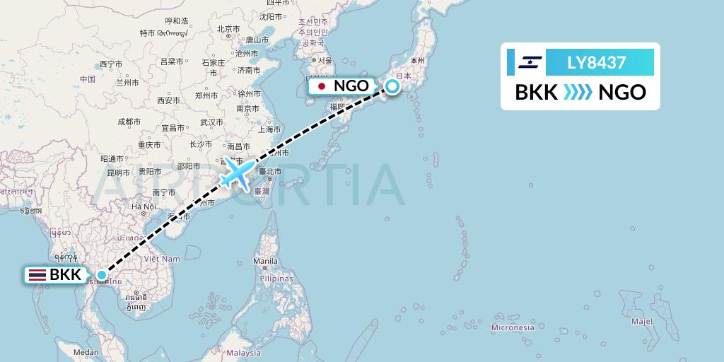 LY8437 El Al Flight Map: Bangkok to Nagoya