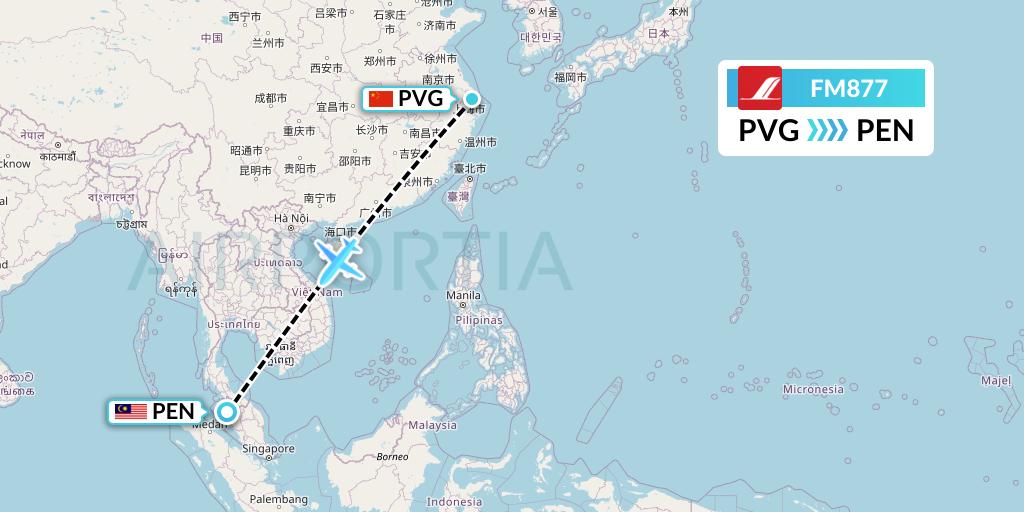 FM877 Shanghai Airlines Flight Map: Shanghai to Penang