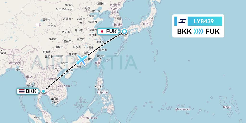LY8439 El Al Flight Map: Bangkok to Fukuoka