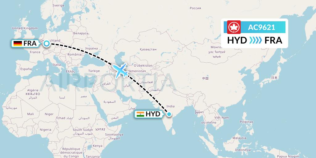 AC9621 Air Canada Flight Map: Hyderabad to Frankfurt