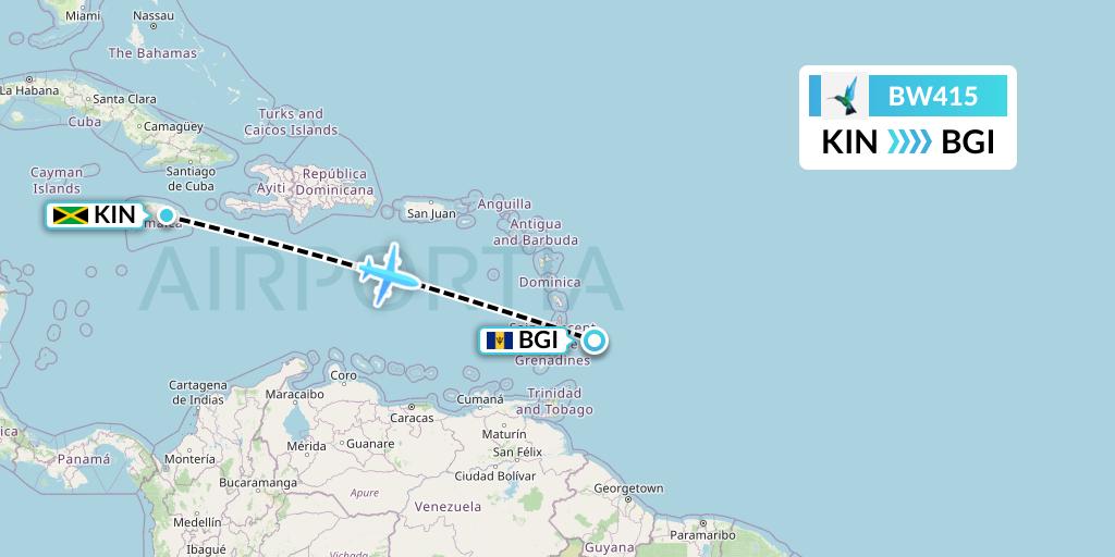 BW415 Caribbean Airlines Flight Map: Kingston to Bridgetown