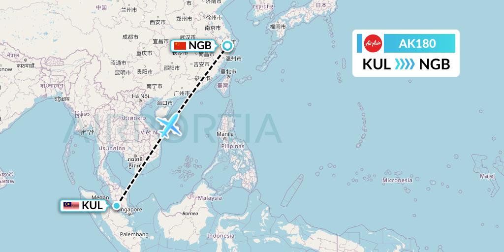 AK180 AirAsia Flight Map: Kuala Lumpur to Ningbo