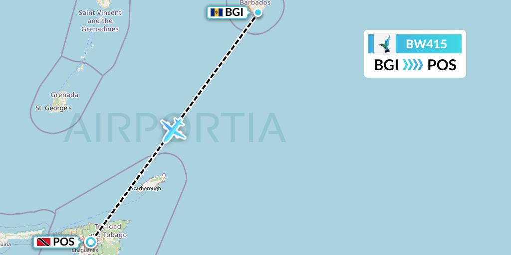 BW415 Caribbean Airlines Flight Map: Bridgetown to Port of Spain